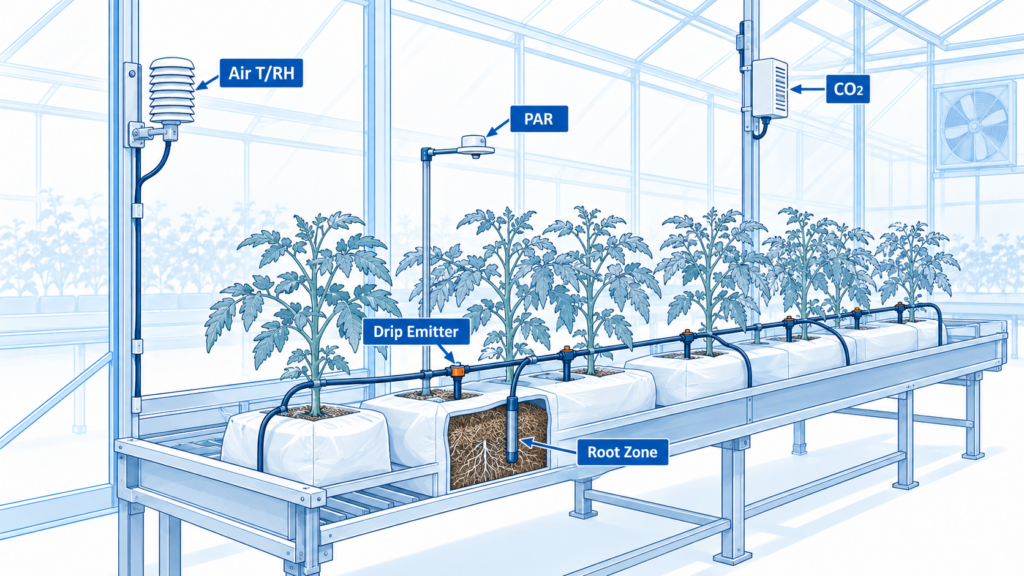 Crop cross-section with shielded air sensor at canopy height, level PAR sensor above the canopy, and moisture probe at representative root depth.