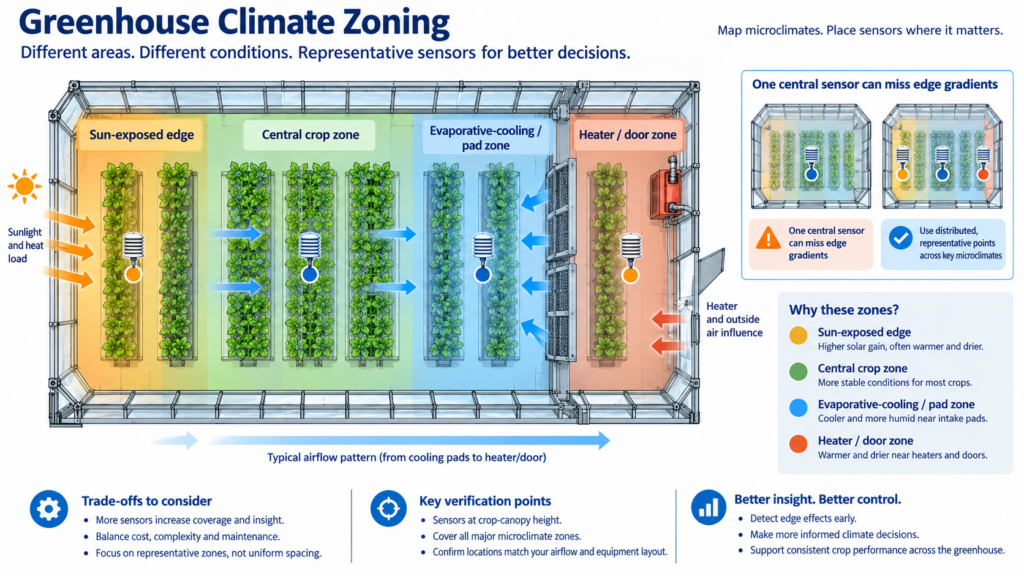 Greenhouse climate zoning layout showing representative temperature and humidity sensors across independently controlled microclimate zones.