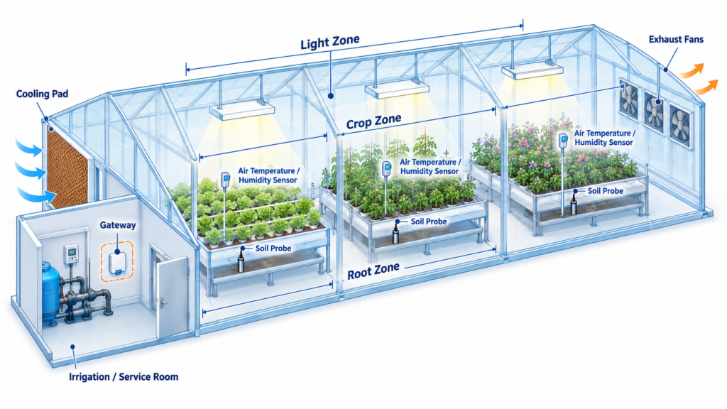 Isometric greenhouse cutaway showing canopy sensors, root-zone probes, lighting zones, cooling pad, exhaust fans, and a protected gateway.