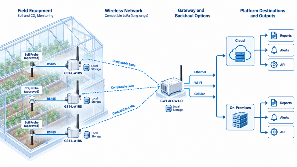 Architecture showing approved RS485 probes linked to GS1-L nodes, a compatible LoRa gateway, network backhaul, and alternative cloud or on-premises platforms.