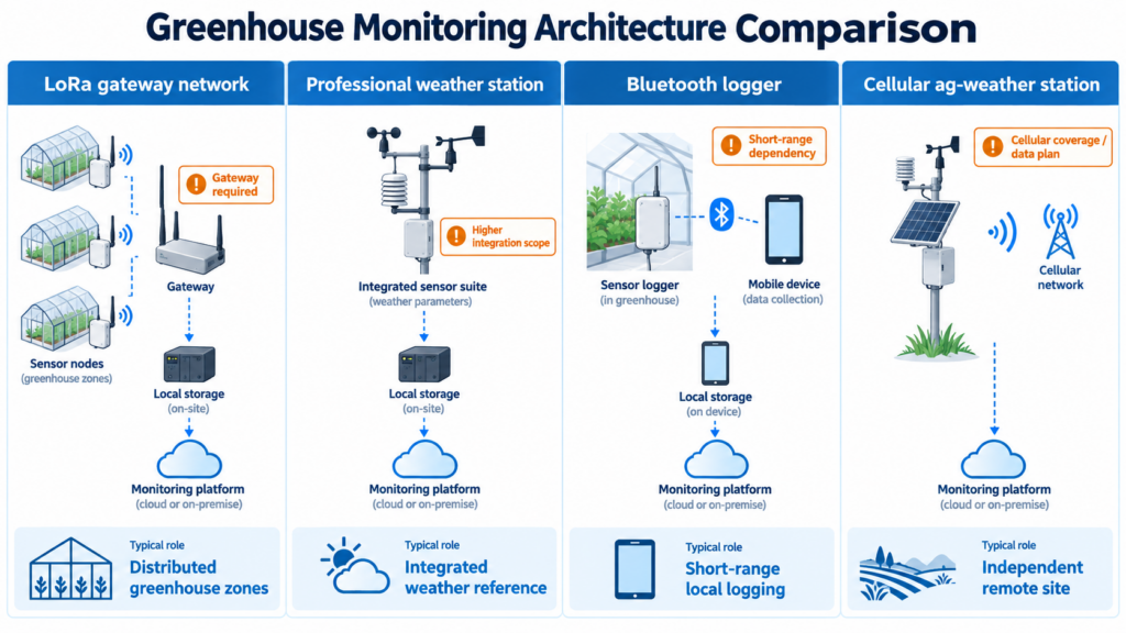 Comparison of LoRa gateway network, agricultural weather station, Bluetooth logger, and cellular greenhouse monitoring architectures.