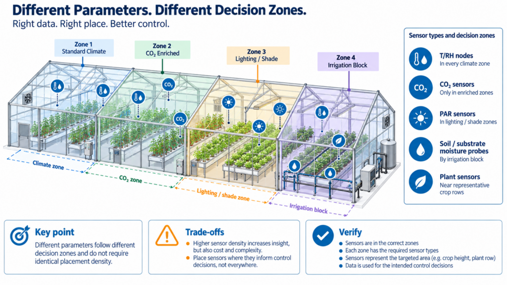 Multi-parameter greenhouse sensor network showing T/RH, CO2, PAR, soil moisture, and plant sensors mapped to different control zones.