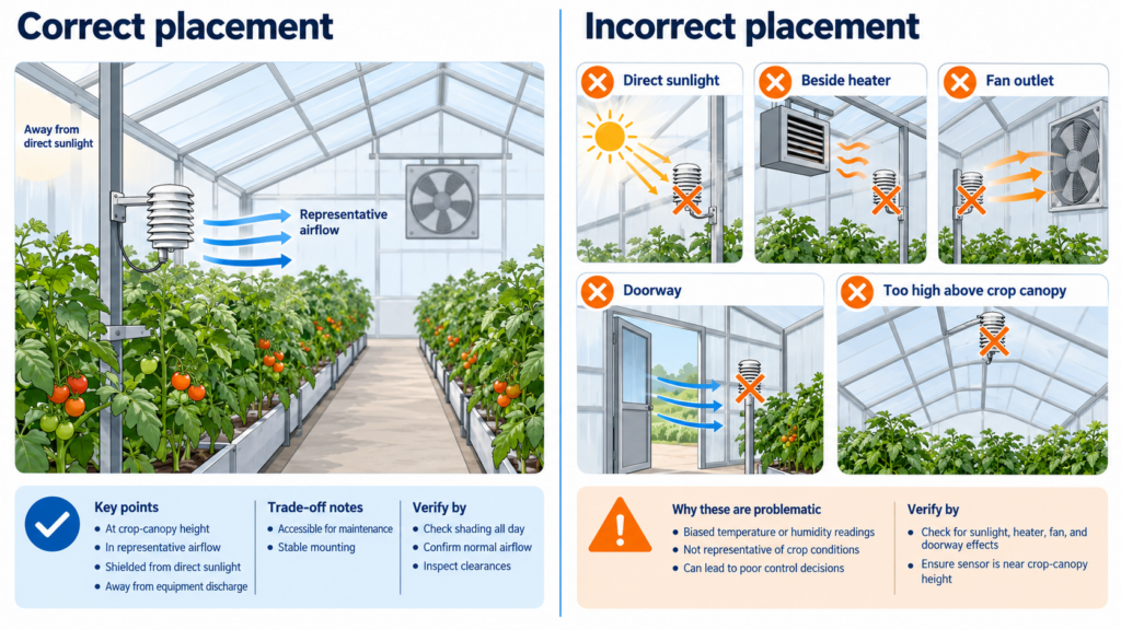 Correct versus incorrect greenhouse temperature and humidity sensor placement around crop canopy, fans, doors, heaters, and direct sunlight.