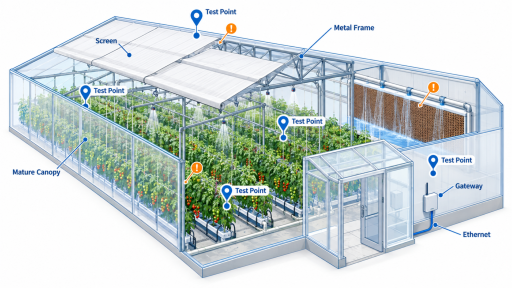 Greenhouse plan showing survey points around mature crops, closed screens, metal structures, and a gateway with Ethernet backhaul.