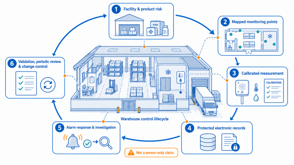 A GxP environmental monitoring system is a controlled lifecycle that connects facility risk, measurement, electronic records, alarm response, validation, and change control.