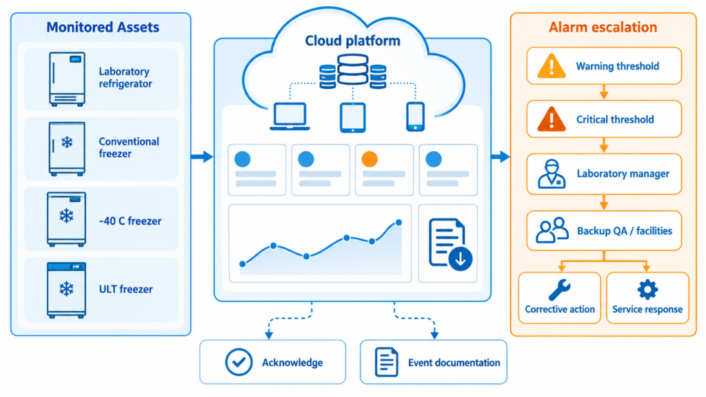Laboratory freezer cloud monitoring, multi-device dashboard and alarm escalation workflow