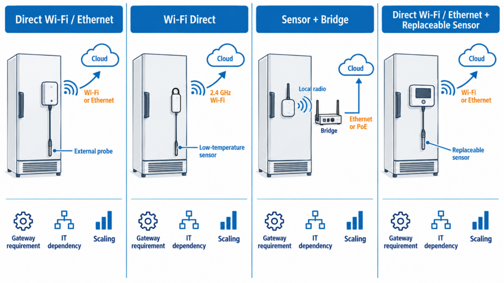 Comparison of Wi-Fi, Ethernet and bridge-based connectivity for laboratory refrigerator and ULT freezer monitoring systems