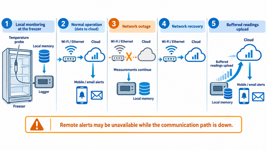 Local data logging and remote alert availability during a laboratory freezer network outage