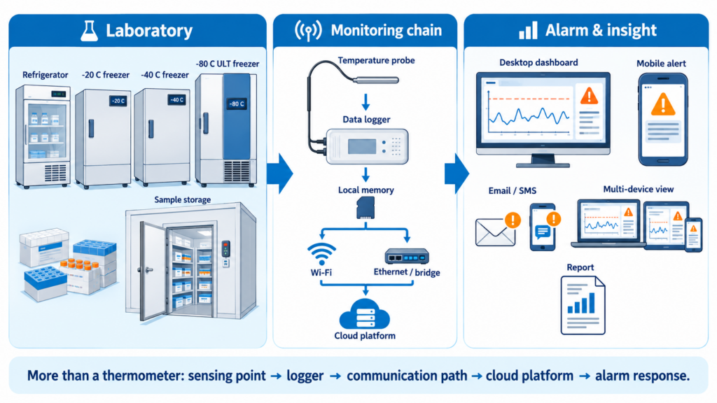 Laboratory refrigerator and ULT freezer monitoring system with probes, local logging, cloud access and remote alerts