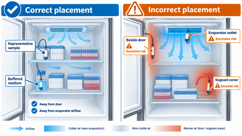 Correct and incorrect temperature probe placement inside a laboratory refrigerator and ULT freezer