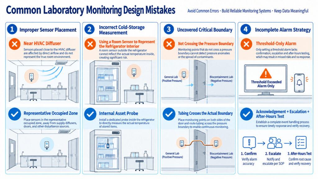 Correct versus incorrect laboratory monitoring installation diagram showing a sensor near an HVAC diffuser, a room sensor incorrectly used for refrigerator interior temperature, wrong differential pressure measurement, and an untested alarm chain.