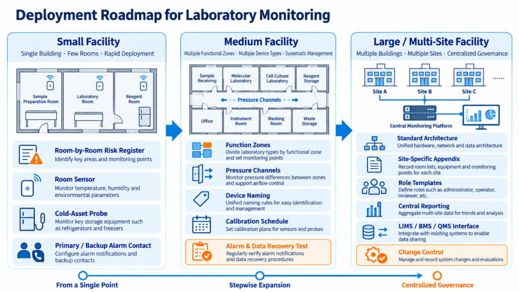 Three-column deployment workflow for laboratory environmental monitoring across small, medium, and large or multi-site facilities, showing risk registers, sensor placement, alarm tests, calibration schedules, reporting, integration, and change control.