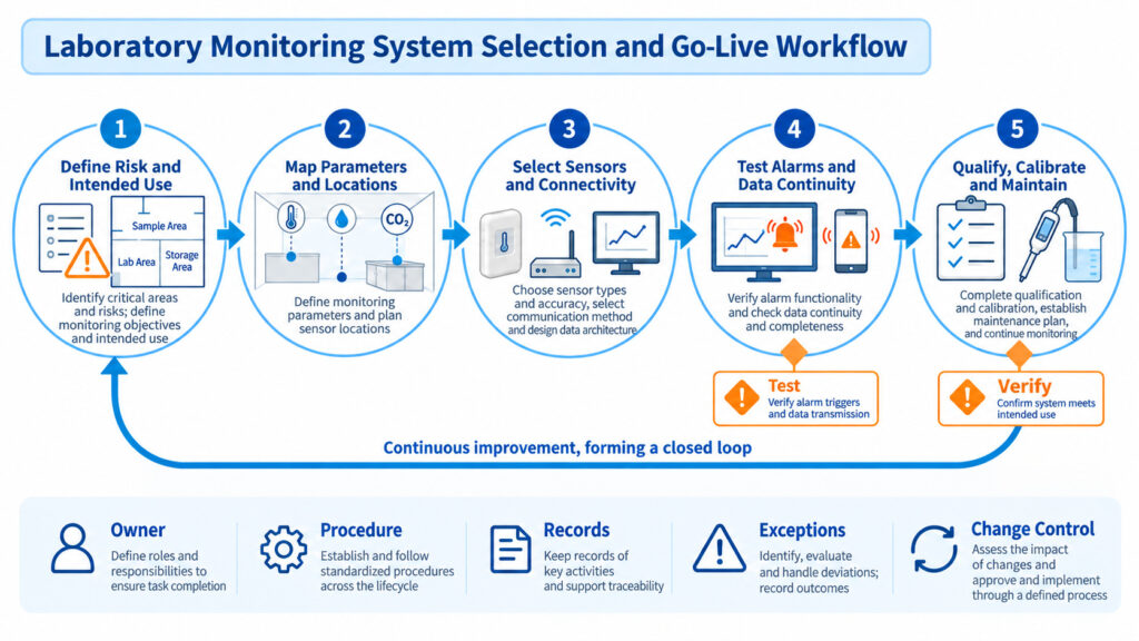 Laboratory environmental monitoring system selection workflow showing risk definition, parameter and location mapping, sensor and connectivity selection, alarm and data-continuity testing, qualification, calibration, and maintenance.