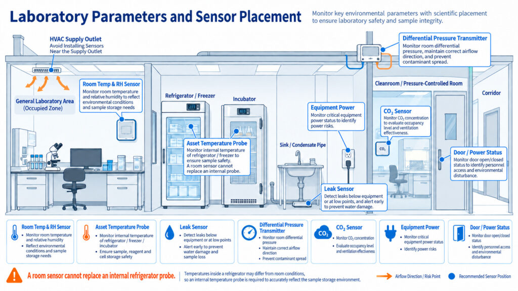 Cutaway illustration of medical laboratory sensor placement showing room temperature and humidity, cold asset temperature probe, differential pressure transmitter, CO2 sensor, leak sensor, and door or power status points.