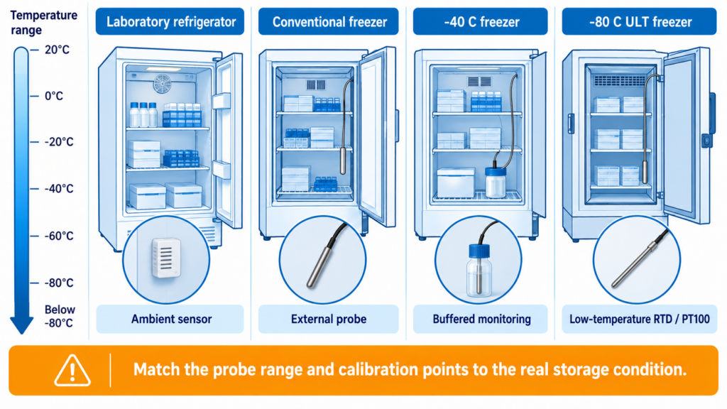 Temperature range and probe selection for laboratory refrigerators, conventional freezers and ULT freezers