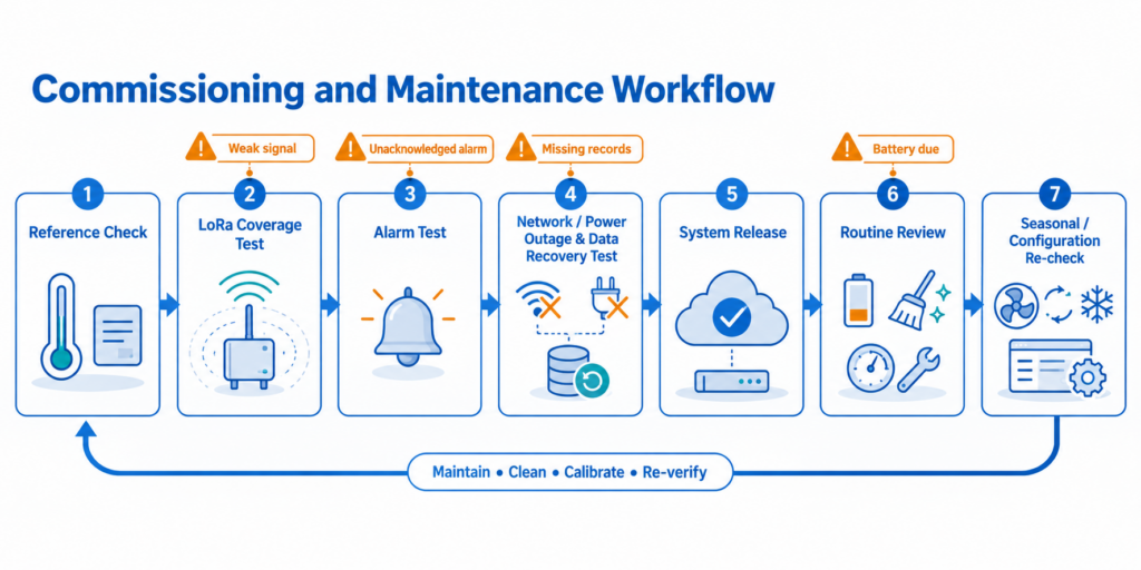 Commissioning and maintenance workflow for a livestock barn monitoring system.