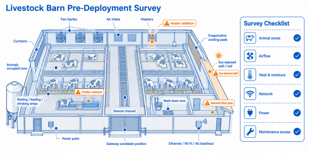 Pre-deployment survey points for a livestock barn monitoring project.