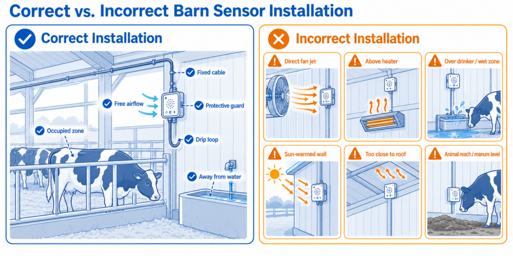 Correct and incorrect temperature and humidity sensor installation in livestock barns.