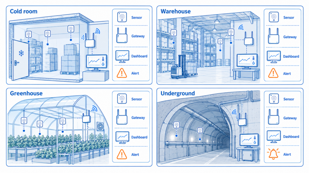 Long-range environmental monitoring deployment across a warehouse, farm, campus and underground space using wireless sensors and a central gateway.