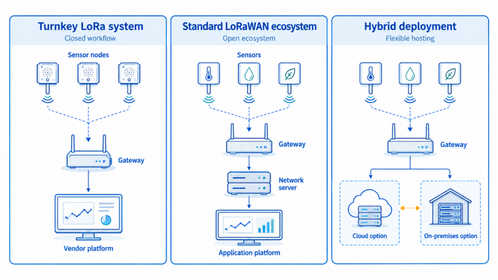 Architecture comparison of different long-range environmental monitoring approaches, including turnkey LoRa systems and standard LoRaWAN ecosystems.