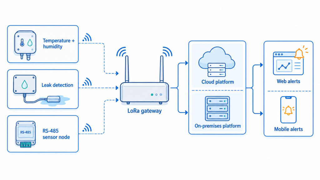 Diagram showing the core components of a LoRa environmental monitoring system including sensors, gateway, cloud platform and alerts.