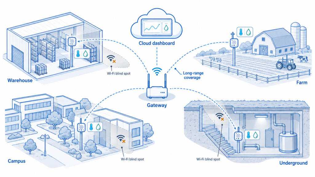 Use-case illustration showing long-range environmental monitoring in a cold room, warehouse, farm greenhouse and underground space.