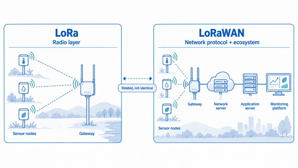 Comparison diagram explaining the difference between LoRa radio technology and LoRaWAN network architecture for environmental monitoring.