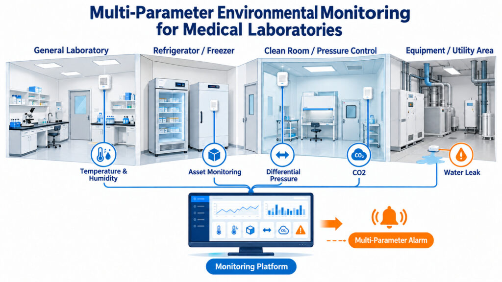 Illustration of a medical laboratory environmental monitoring system showing temperature and humidity, differential pressure, cold asset probes, CO2, leak detection, and an alarm platform.