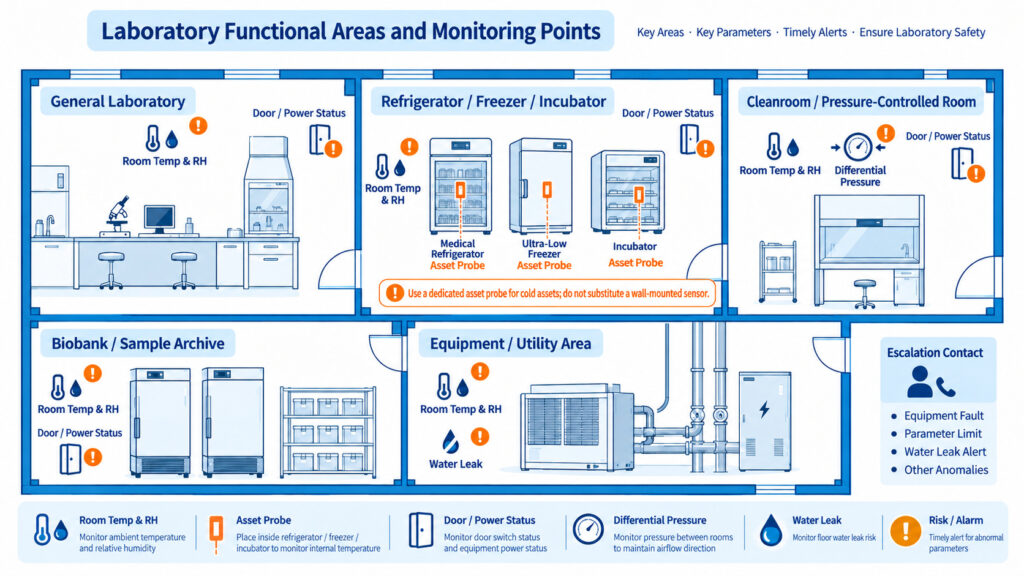 Medical laboratory functional-area monitoring plan showing a general laboratory room, refrigerator or freezer or incubator area, pressure-controlled room, biobank or sample archive, equipment or utility area, and related sensors and escalation contacts.