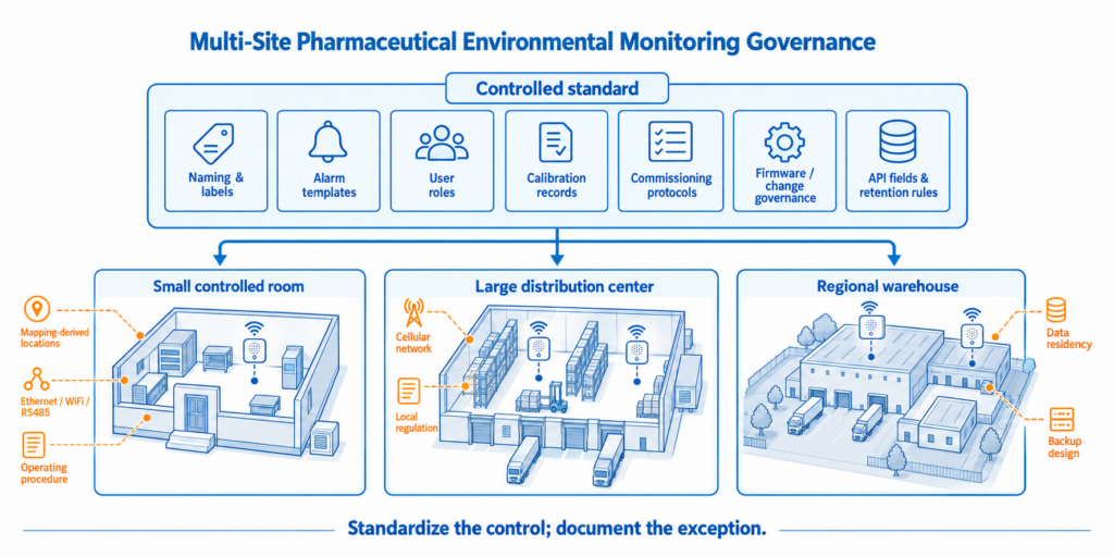 A scalable GxP deployment standardizes naming, alarm templates, roles, calibration records, test protocols, firmware governance, and API data while preserving justified site-specific controls.
