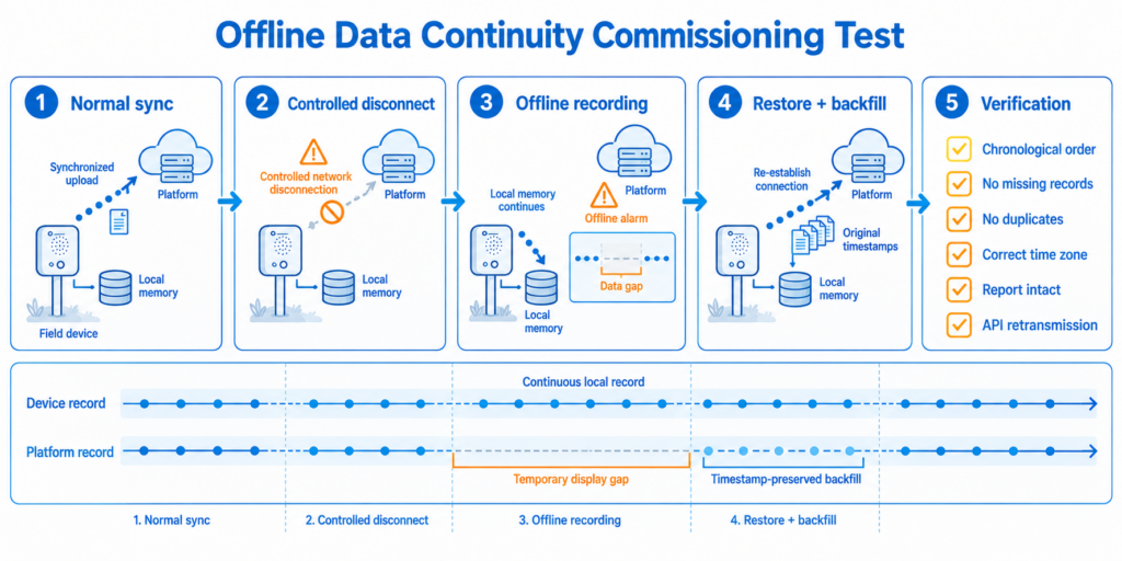 During a communication outage, the field device should continue timestamped recording locally and backfill the missing interval in the correct sequence when the connection is restored.