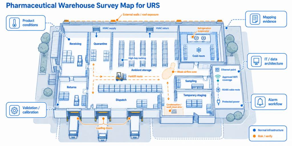 The URS should translate storage regimes, facility risks, IT constraints, record use, and quality procedures into measurable requirements before equipment is selected.