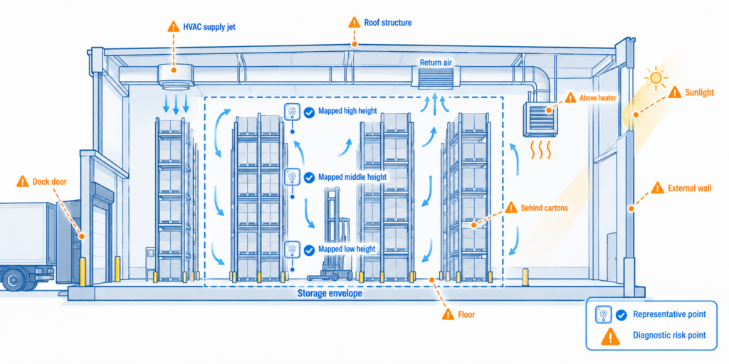 Permanent sensors should represent the mapped product-storage envelope; positions near direct air jets, sunlight, surfaces, doors, or blocked airflow should be used only when that specific risk is intentionally monitored.