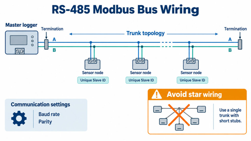 RS-485 Modbus bus wiring diagram showing trunk topology unique addresses baud parity termination and master polling