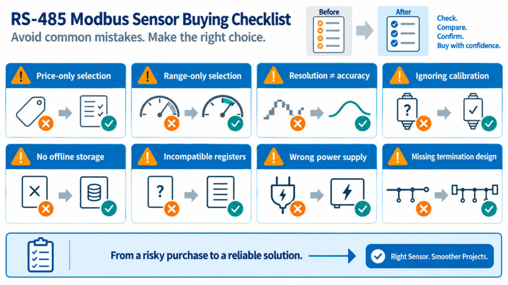 Common buying mistakes for RS-485 Modbus temperature humidity sensors including price range resolution register map and offline storage