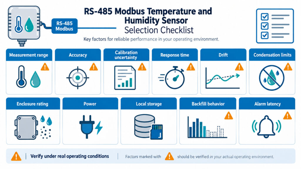 Checklist for choosing RS-485 Modbus temperature humidity sensor specifications including range accuracy calibration drift enclosure storage and alarms