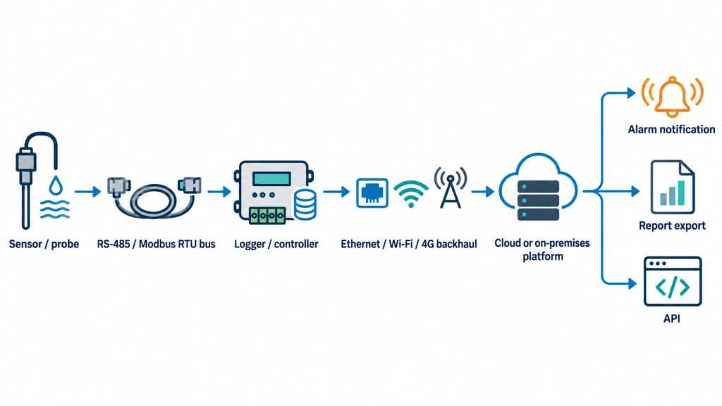 Complete monitoring chain from RS-485 sensor probe to logger cloud platform alarms reports and API