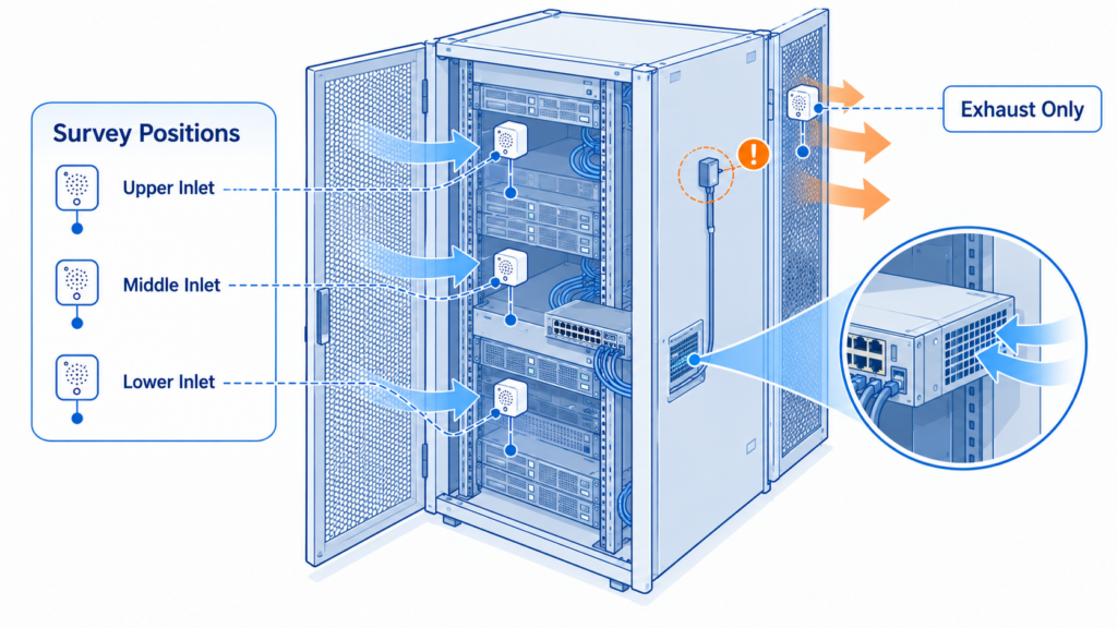 Rack cutaway with lower, middle, and upper inlet measurement positions and a separately labeled exhaust probe.