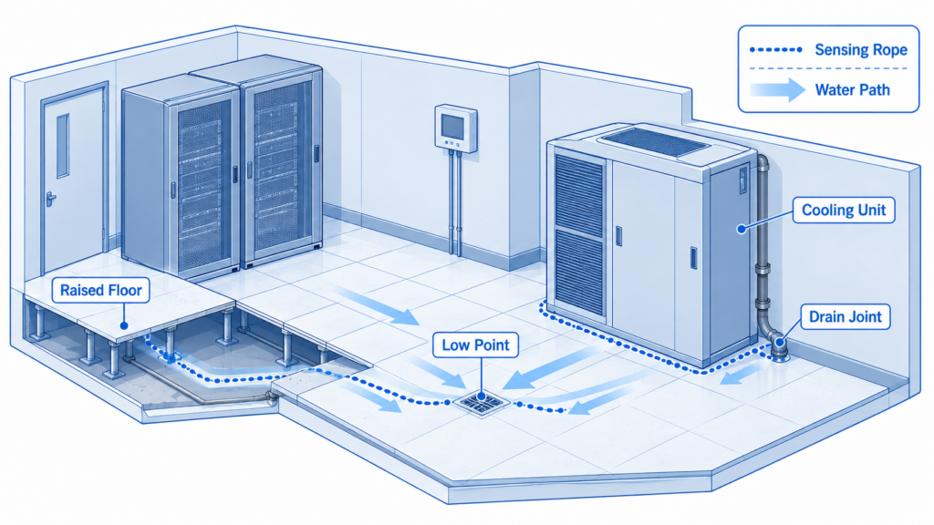 Server room floor cutaway showing leak rope beside a cooling unit, condensate drain, and underfloor water path.