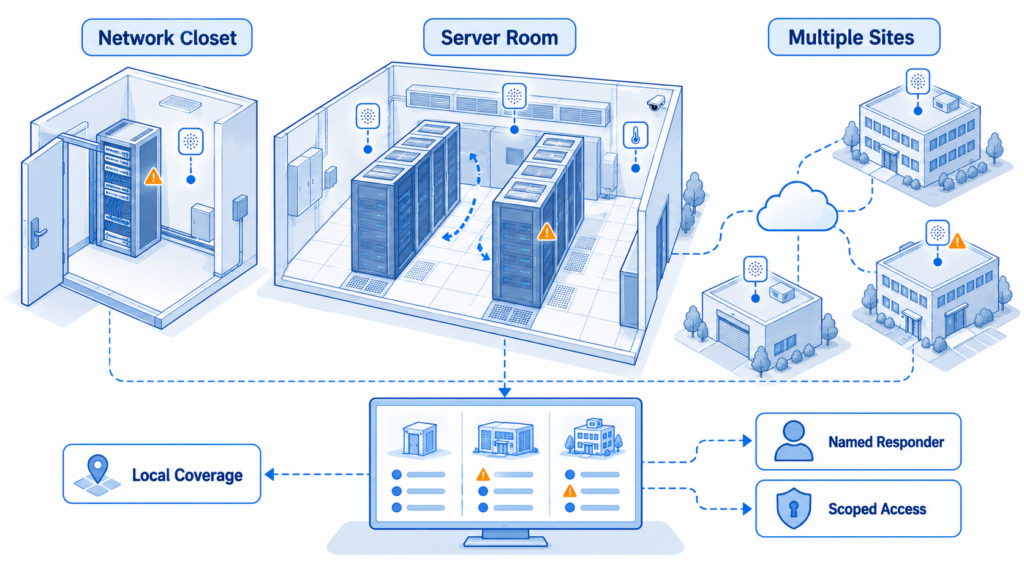 Three deployment scales showing a network closet, a multi-rack server room, and several sites with separate monitoring access groups.