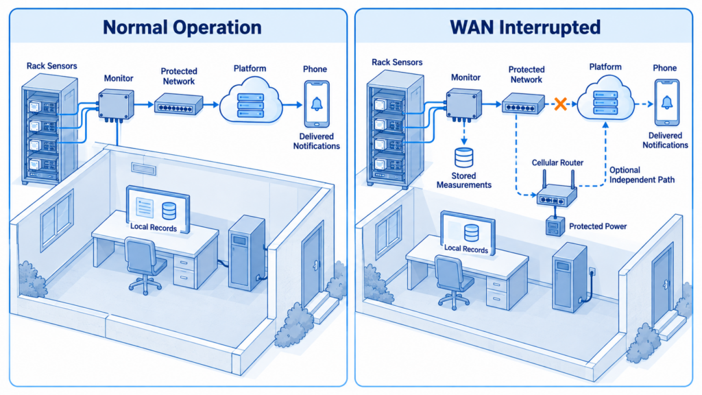 Comparison of normal cloud notification and WAN outage with local recording and an optional independent cellular path.