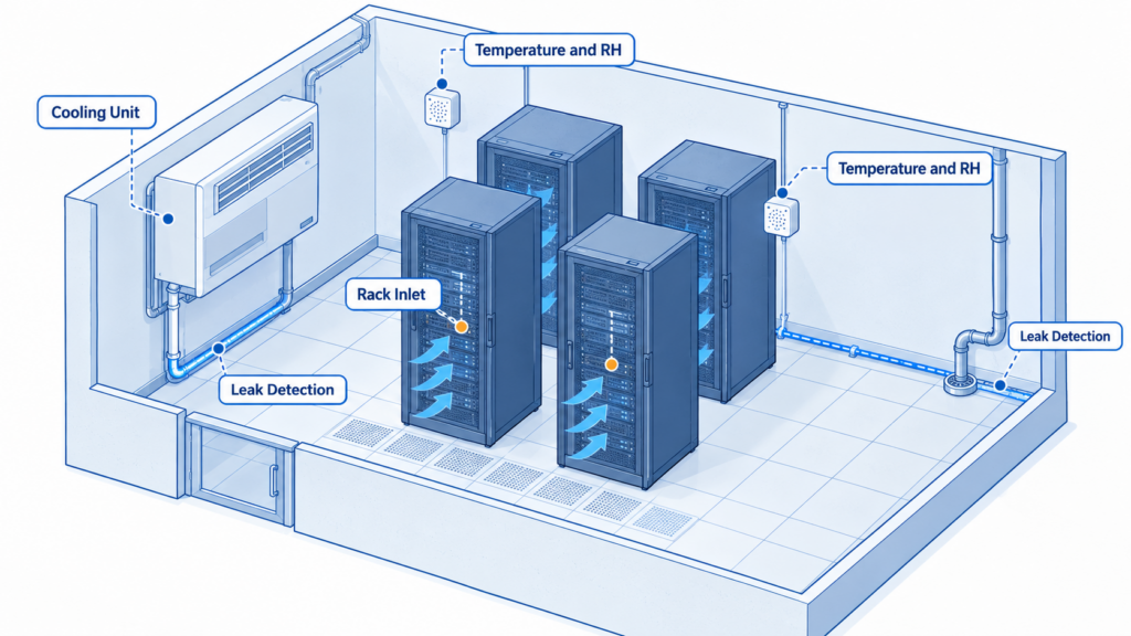 Isometric server room showing rack inlet sensors, humidity monitoring zones, and leak detection beside cooling equipment.