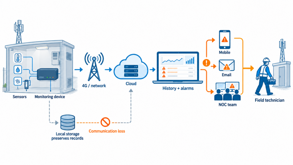 Data flow and alert escalation workflow for unattended telecom shelter monitoring