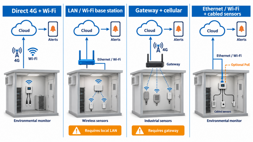 Comparison of direct 4G, Ethernet/Wi-Fi and gateway-based monitoring architectures for unattended telecom shelters