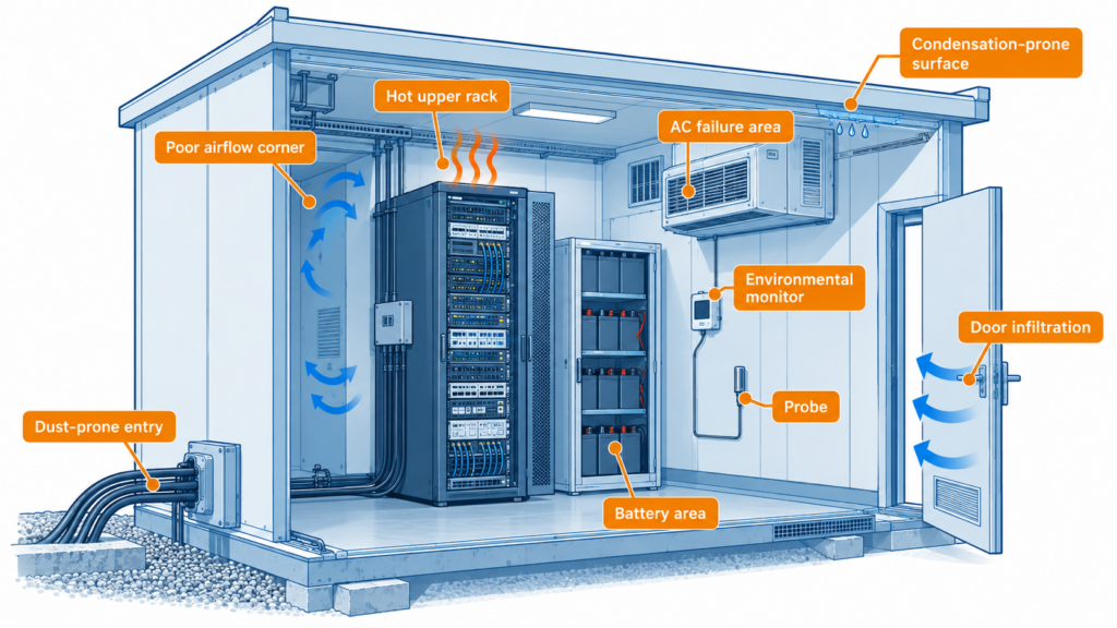 Environmental risk points inside an unattended telecom shelter including heat buildup, door opening, dust and condensation risk