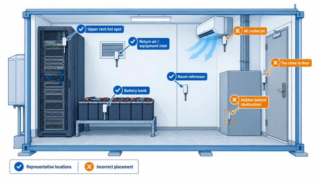 Temperature and humidity sensor placement inside an unattended telecom shelter or remote equipment room