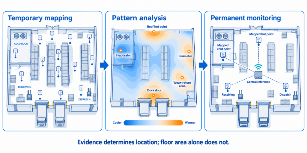 A dense temporary three-dimensional mapping grid reveals repeatable hot and cold patterns; the permanent network is then placed at mapped extremes and independently controlled zones.