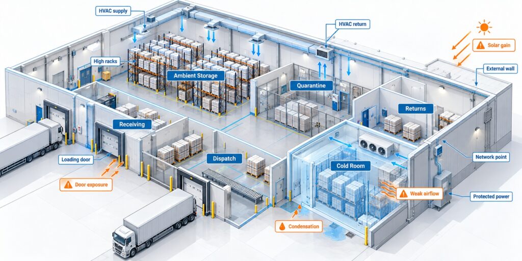  Isometric pharmaceutical warehouse survey showing storage zones, HVAC, loading doors, network and power constraints before monitoring hardware is selected.