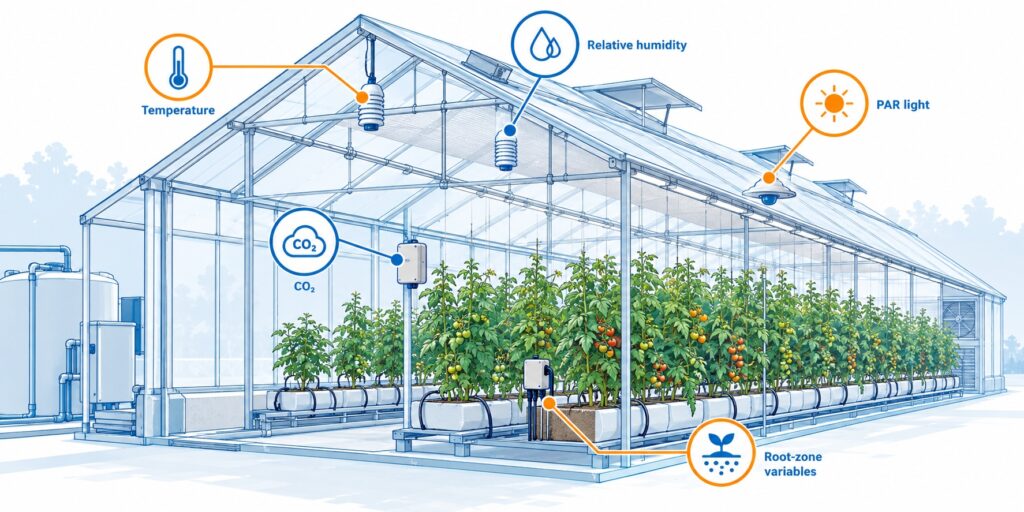 Greenhouse environmental parameters including temperature humidity CO2 and light around crop canopy