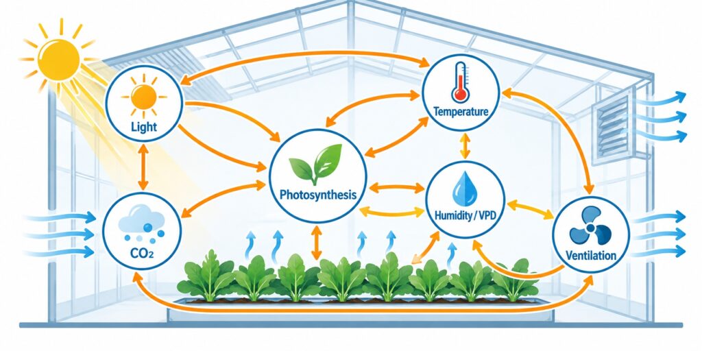 Relationship between greenhouse temperature humidity CO2 light and ventilation